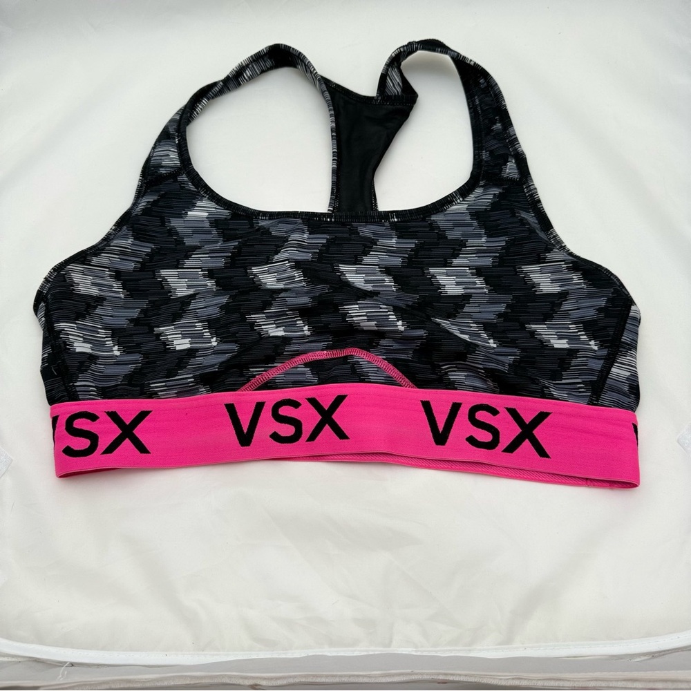 Victoria’s Secret VSX Sports Bra Large Black Gray Pink Logo Band Racerback